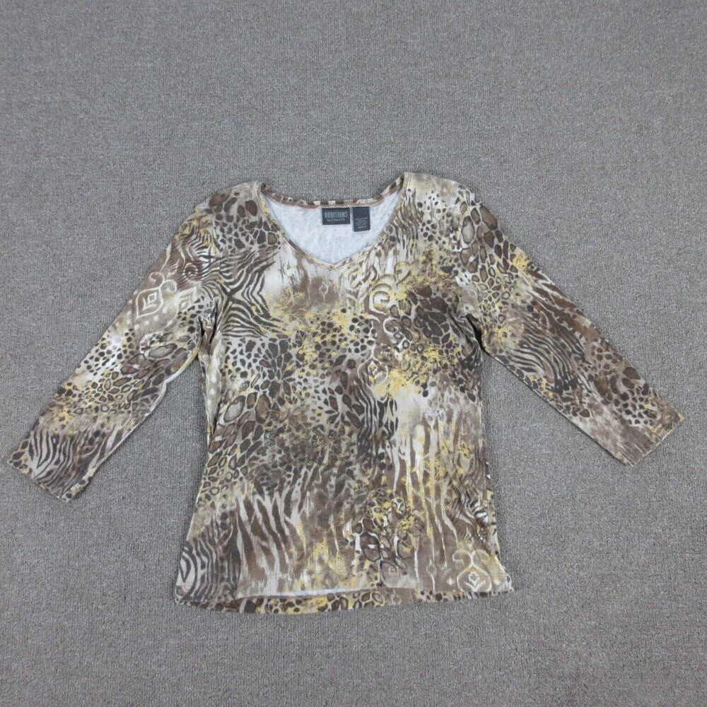 Chicos Additions Shirt Womens 0 Yellow Beige Animal Print V-Neck Long Sleeve